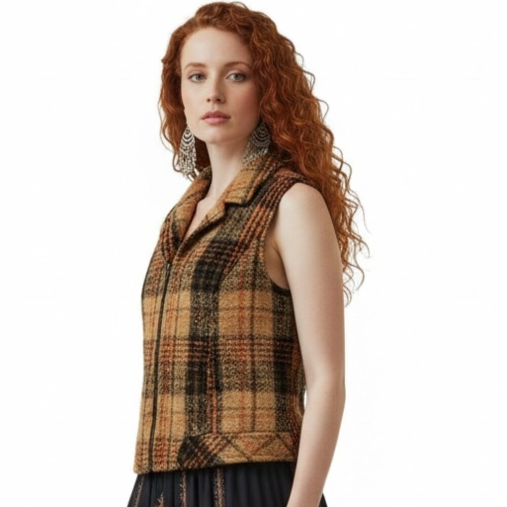 Christopher & Banks Full Zip Plaid Brown Orange Rustic Country Vest Size L